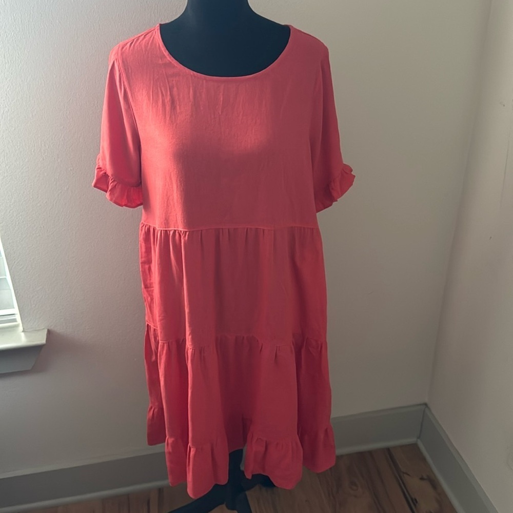 MULTIPLES Ruffle Short Sleeve Scoop Neck 2-Pocket Tiered‎ coral Boho Dress Sz M